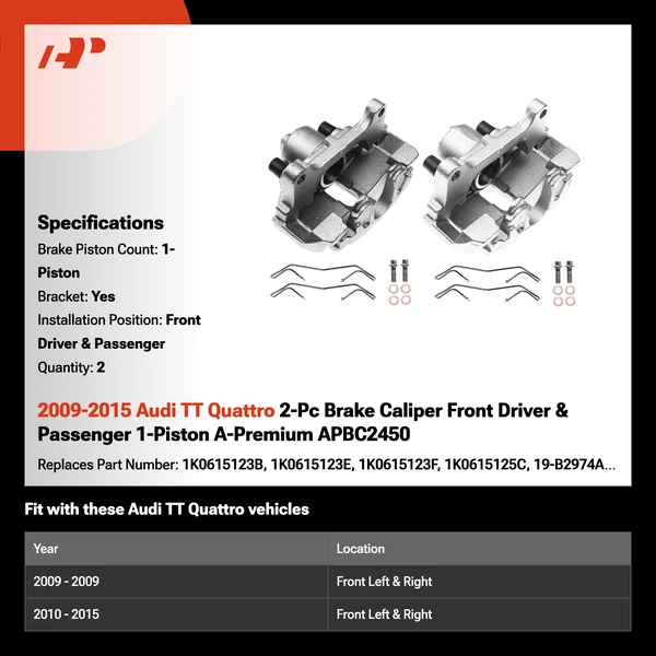 2009-2015 Audi TT Quattro 2-Pc Brake Caliper Front Driver & Passenger 1-Piston A-Premium APBC2450