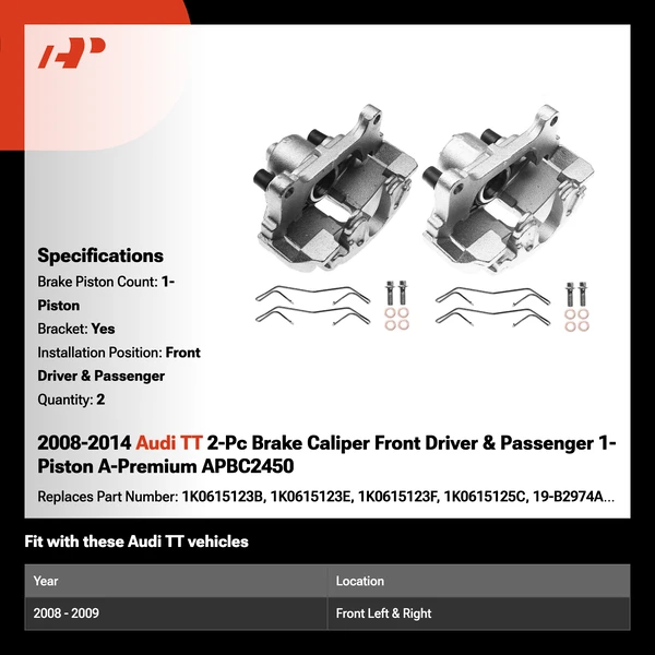 2008-2014 Audi TT 2-Pc Brake Caliper Front Driver & Passenger 1-Piston A-Premium APBC2450