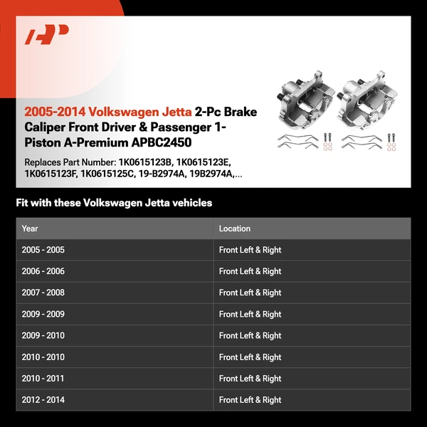 2005-2014 Volkswagen Jetta 2-Pc Brake Caliper Front Driver & Passenger 1-Piston A-Premium APBC2450