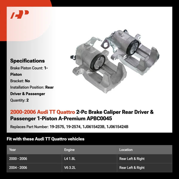 2000-2006 Audi TT Quattro 2-Pc Brake Caliper Rear Driver & Passenger 1-Piston A-Premium APBC0045