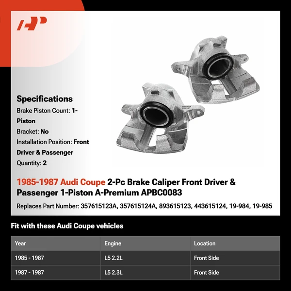 1985-1987 Audi Coupe 2-Pc Brake Caliper Front Driver & Passenger 1-Piston A-Premium APBC0083