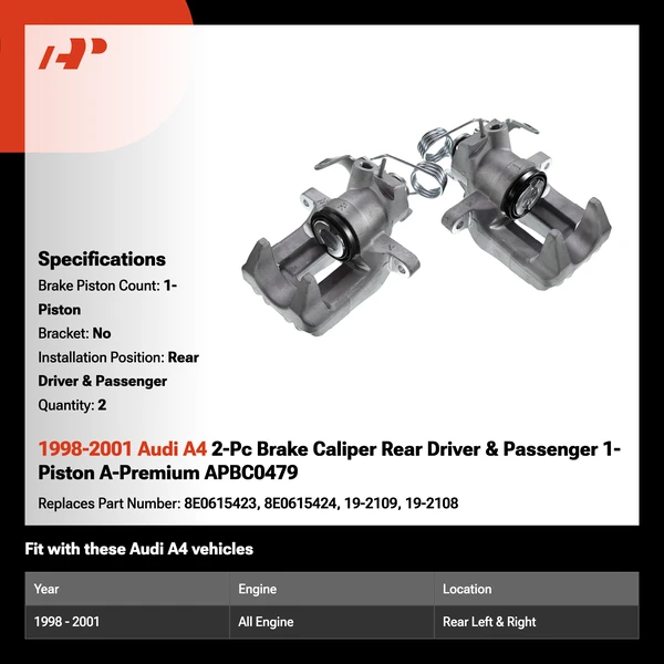 1998-2001 Audi A4 2-Pc Brake Caliper Rear Driver & Passenger 1-Piston A-Premium APBC0479