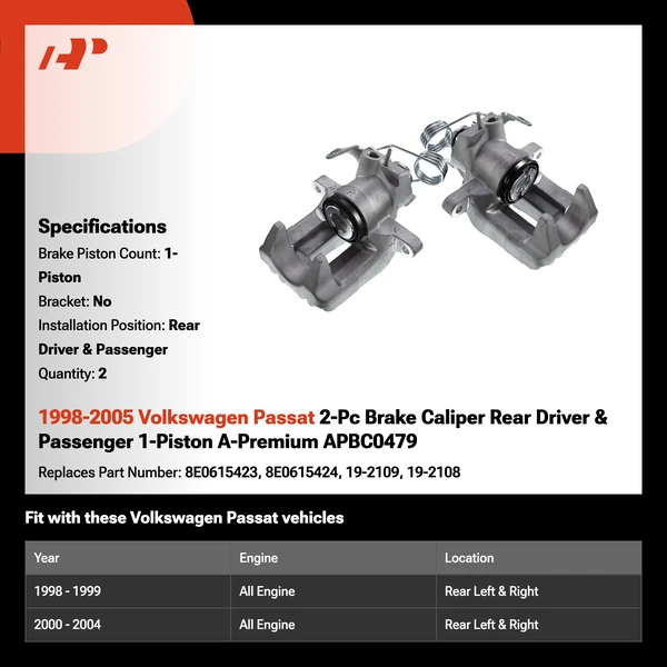 1998-2005 Volkswagen Passat 2-Pc Brake Caliper Rear Driver & Passenger 1-Piston A-Premium APBC0479