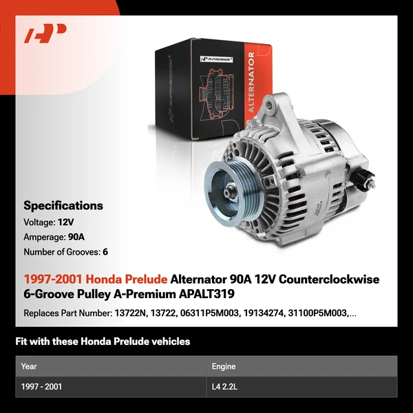 1997-2001 Honda Prelude Alternator 90A 12V Counterclockwise 6-Groove Pulley A-Premium APALT319