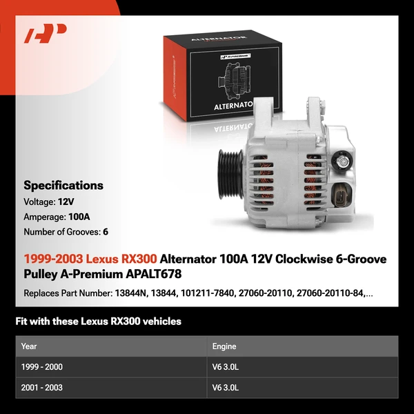 1999-2003 Lexus RX300 Alternator 100A 12V Clockwise 6-Groove Pulley A-Premium APALT678
