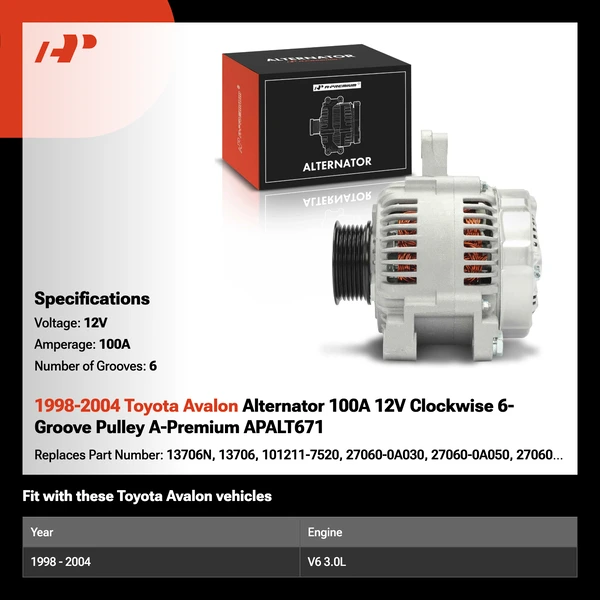 1998-2004 Toyota Avalon Alternator 100A 12V Clockwise 6-Groove Pulley A-Premium APALT671