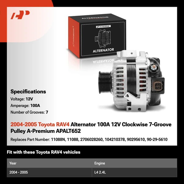 2004-2005 Toyota RAV4 Alternator 100A 12V Clockwise 7-Groove Pulley A-Premium APALT652