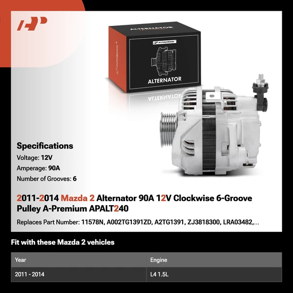 2011-2014 Mazda 2 Alternator 90A 12V Clockwise 6-Groove Pulley A-Premium APALT240