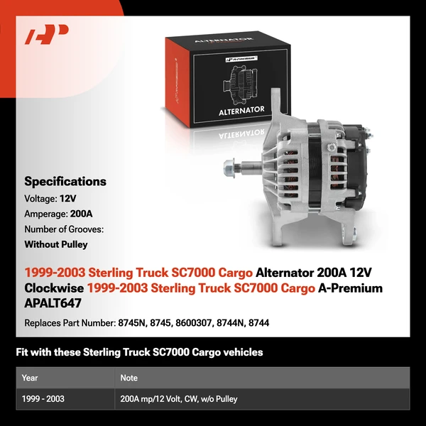 1999-2003 Sterling Truck SC7000 Cargo Alternator 200A 12V Clockwise 1999-2003 Sterling Truck SC7000 Cargo A-Premium APALT647