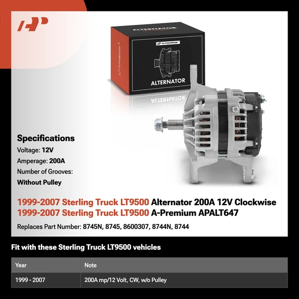 1999-2007 Sterling Truck LT9500 Alternator 200A 12V Clockwise 1999-2007 Sterling Truck LT9500 A-Premium APALT647