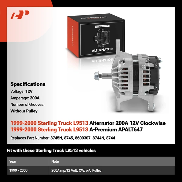 1999-2000 Sterling Truck L9513 Alternator 200A 12V Clockwise 1999-2000 Sterling Truck L9513 A-Premium APALT647