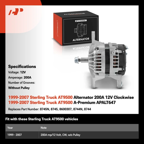 1999-2007 Sterling Truck AT9500 Alternator 200A 12V Clockwise 1999-2007 Sterling Truck AT9500 A-Premium APALT647