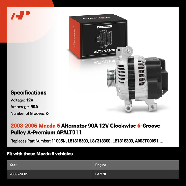 2003-2005 Mazda 6 Alternator 90A 12V Clockwise 6-Groove Pulley A-Premium APALT011