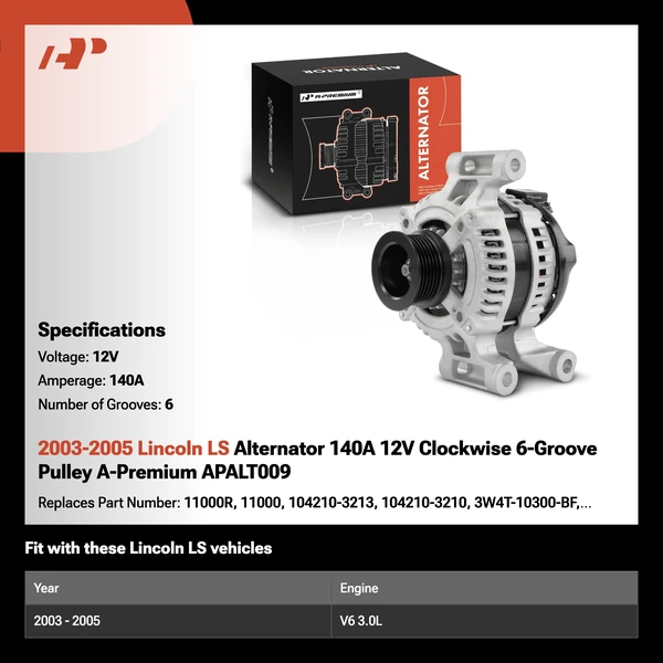 2003-2005 Lincoln LS Alternator 140A 12V Clockwise 6-Groove Pulley A-Premium APALT009
