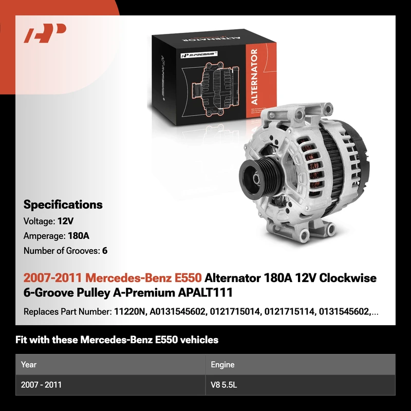 2007-2011 Mercedes-Benz E550 Alternator 180A 12V Clockwise 6-Groove Pulley A-Premium APALT111