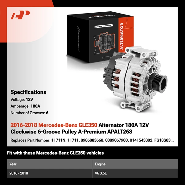 2016-2018 Mercedes-Benz GLE350 Alternator 180A 12V Clockwise 6-Groove Pulley A-Premium APALT263