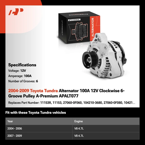 2004-2009 Toyota Tundra Alternator 100A 12V Clockwise 6-Groove Pulley A-Premium APALT077