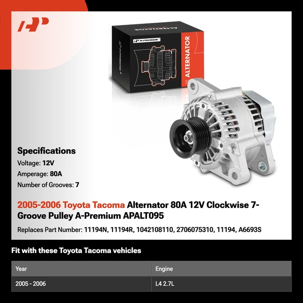 2005-2006 Toyota Tacoma Alternator 80A 12V Clockwise 7-Groove Pulley A-Premium APALT095