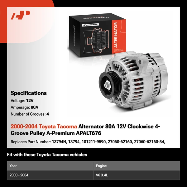 2000-2004 Toyota Tacoma Alternator 80A 12V Clockwise 4-Groove Pulley A-Premium APALT676