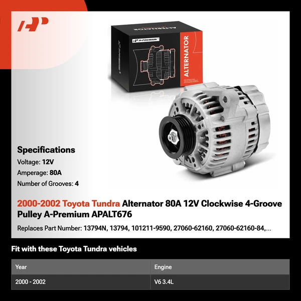 2000-2002 Toyota Tundra Alternator 80A 12V Clockwise 4-Groove Pulley A-Premium APALT676