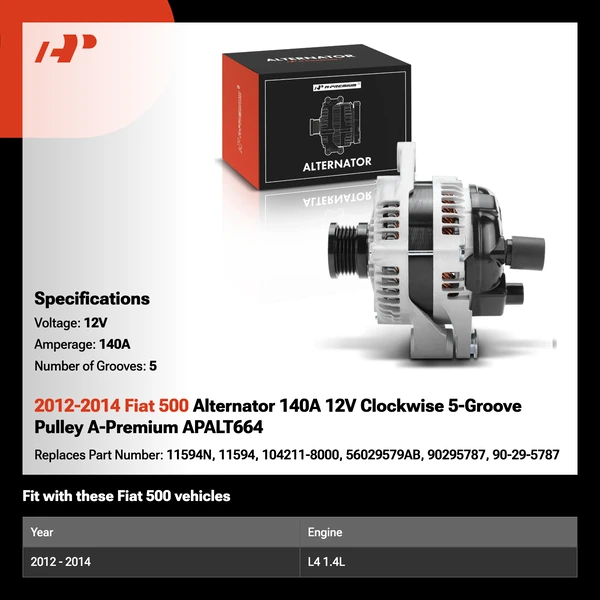 2012-2014 Fiat 500 Alternator 140A 12V Clockwise 5-Groove Pulley A-Premium APALT664