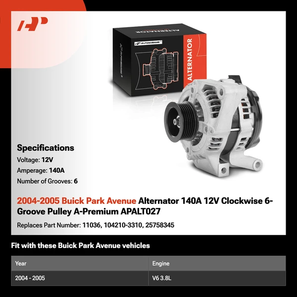 2004-2005 Buick Park Avenue Alternator 140A 12V Clockwise 6-Groove Pulley A-Premium APALT027