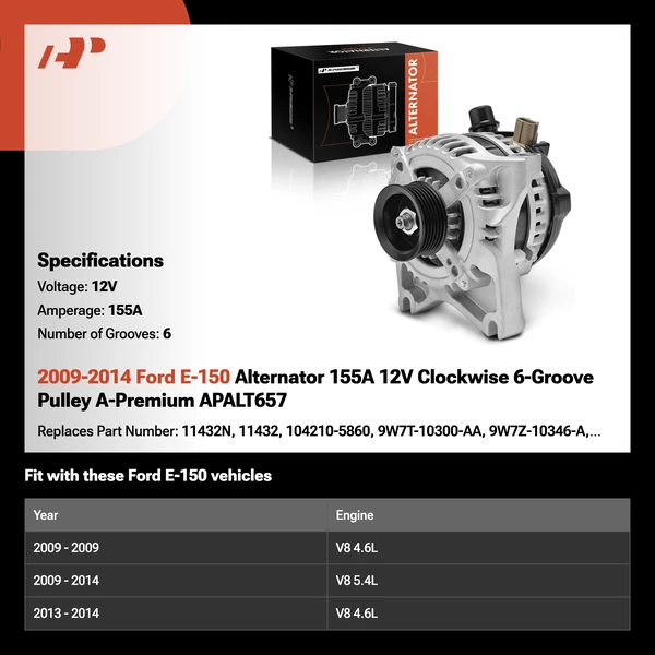 2009-2014 Ford E-150 Alternator 155A 12V Clockwise 6-Groove Pulley A-Premium APALT657