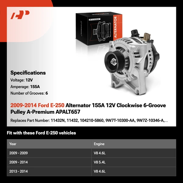 2009-2014 Ford E-250 Alternator 155A 12V Clockwise 6-Groove Pulley A-Premium APALT657