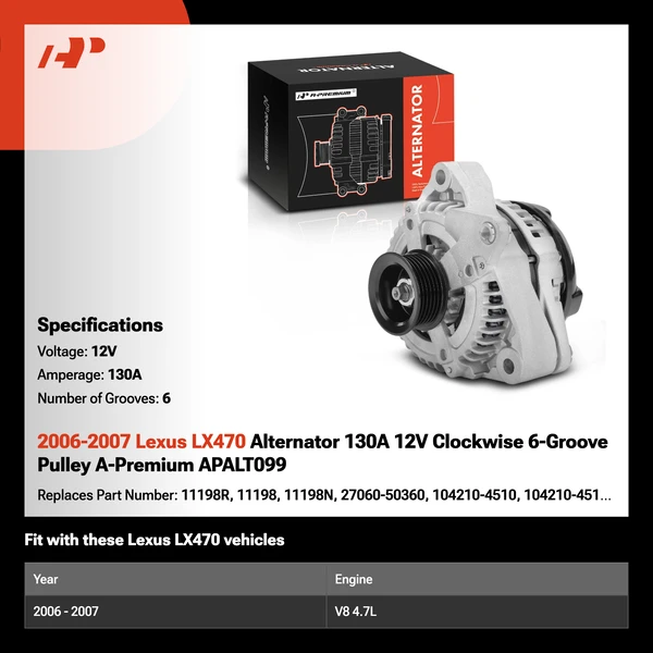 2006-2007 Lexus LX470 Alternator 130A 12V Clockwise 6-Groove Pulley A-Premium APALT099