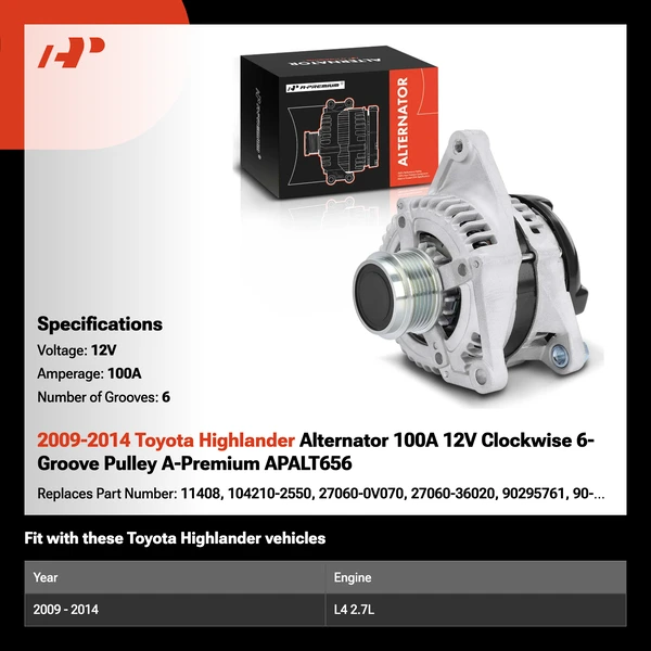 2009-2014 Toyota Highlander Alternator 100A 12V Clockwise 6-Groove Pulley A-Premium APALT656