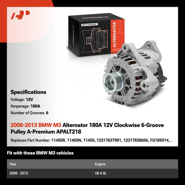 2008-2013 BMW M3 Alternator 180A 12V Clockwise 6-Groove Pulley A-Premium APALT218