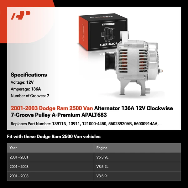 2001-2003 Dodge Ram 2500 Van Alternator 136A 12V Clockwise 7-Groove Pulley A-Premium APALT683