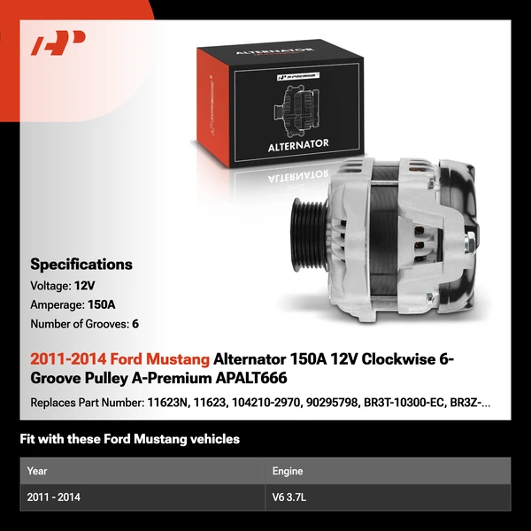 2011-2014 Ford Mustang Alternator 150A 12V Clockwise 6-Groove Pulley A-Premium APALT666
