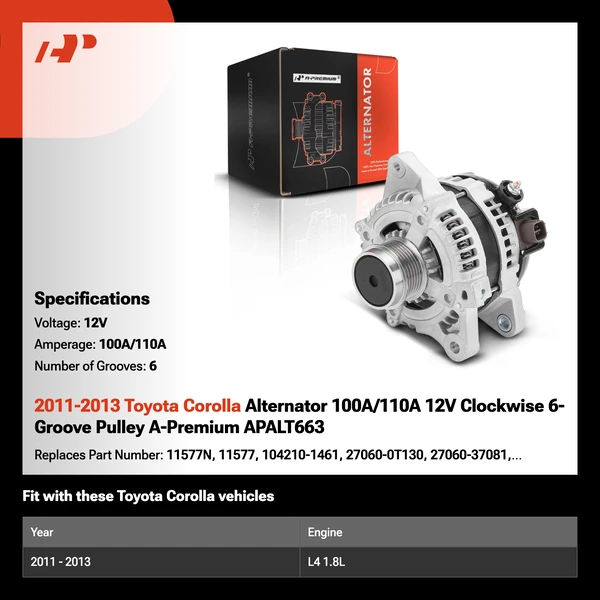 2011-2013 Toyota Corolla Alternator 100A/110A 12V Clockwise 6-Groove Pulley A-Premium APALT663