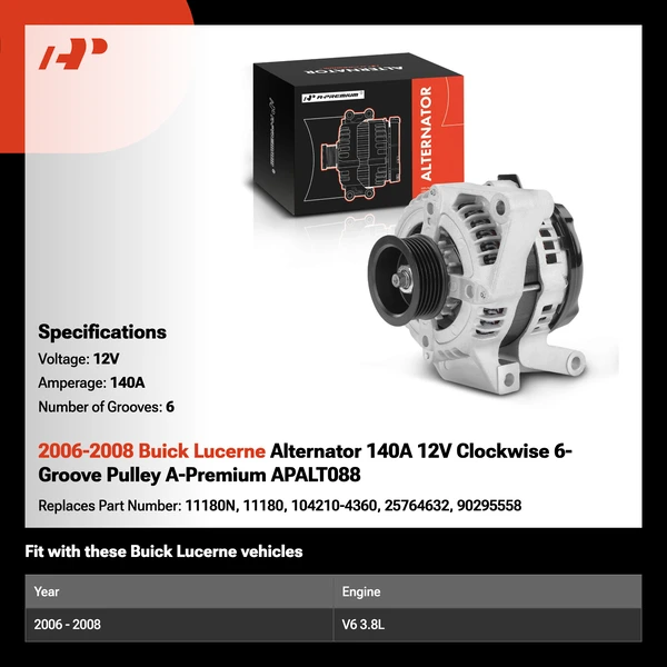 2006-2008 Buick Lucerne Alternator 140A 12V Clockwise 6-Groove Pulley A-Premium APALT088