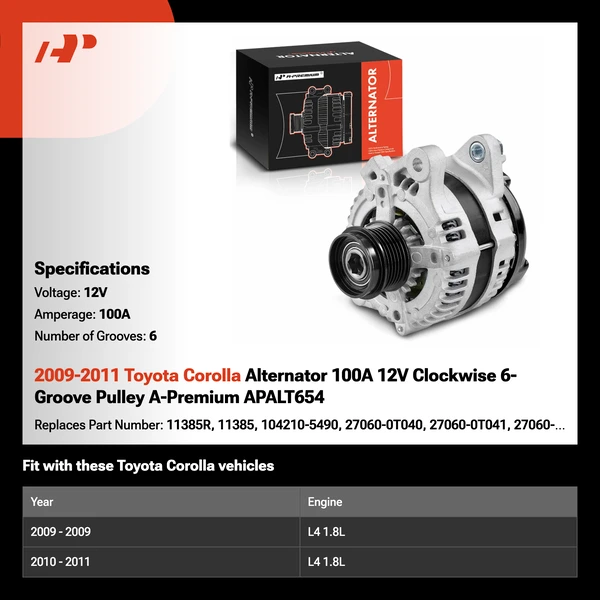 2009-2011 Toyota Corolla Alternator 100A 12V Clockwise 6-Groove Pulley A-Premium APALT654