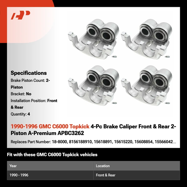 1990-1996 GMC C6000 Topkick 4-Pc Brake Caliper Front & Rear 2-Piston A-Premium APBC3262