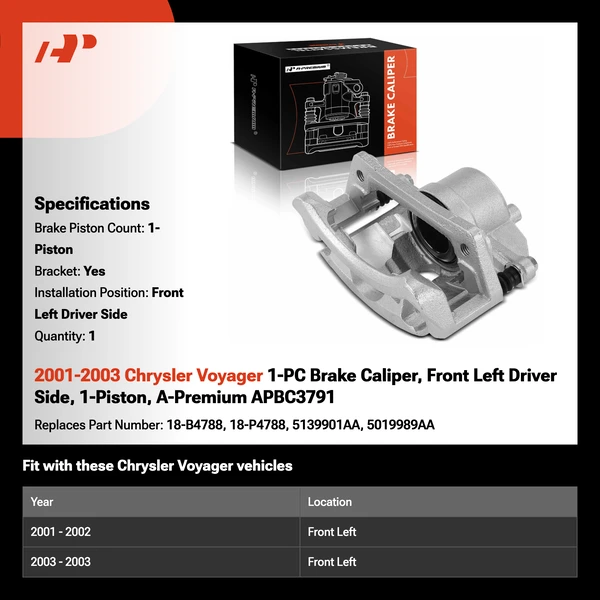2001-2003 Chrysler Voyager 1-Pc Brake Caliper Front Left Driver Side 1-Piston A-Premium APBC3791
