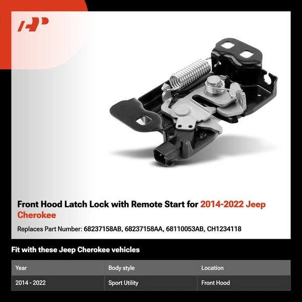 Front Hood Latch Lock with Remote Start for 2014-2022 Jeep Cherokee