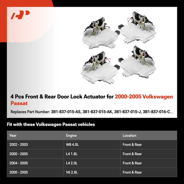 4 Pcs Front & Rear Door Lock Actuator for 2000-2005 Volkswagen Passat