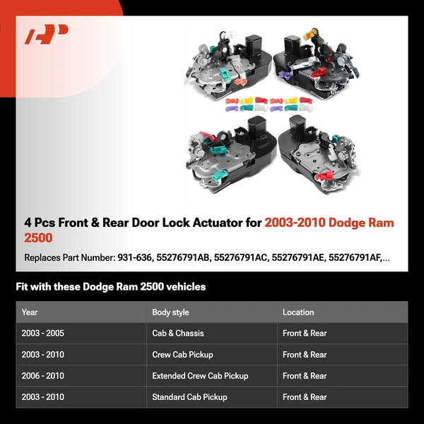 4 Pcs Front & Rear Door Lock Actuator for 2003-2010 Dodge Ram 2500