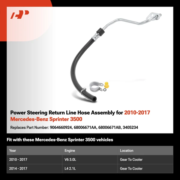 Power Steering Return Line Hose Assembly for 2010-2017 Mercedes-Benz Sprinter 3500