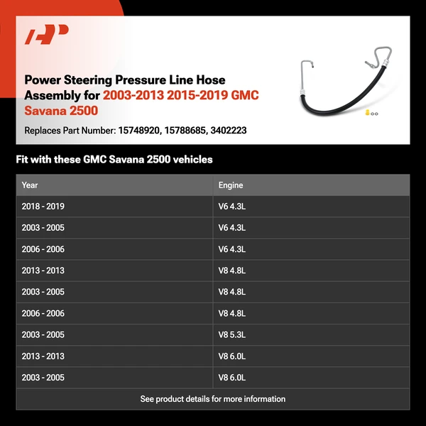 Power Steering Pressure Line Hose Assembly for 2003-2013 2015-2019 GMC Savana 2500