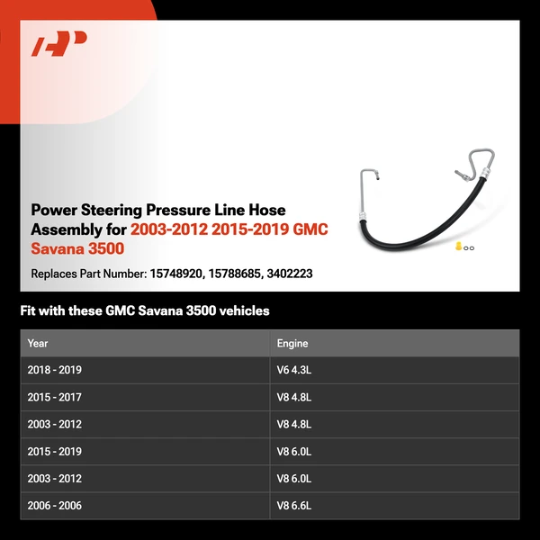 Power Steering Pressure Line Hose Assembly for 2003-2012 2015-2019 GMC Savana 3500