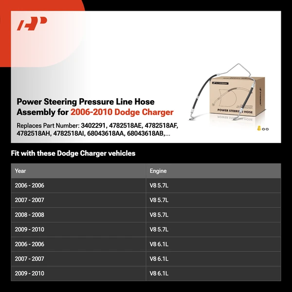 Power Steering Pressure Line Hose Assembly for 2006-2010 Dodge Charger