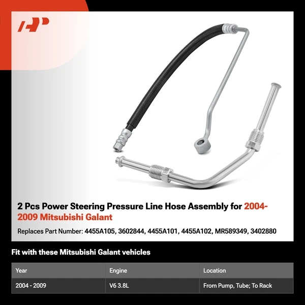 2 Pcs Power Steering Pressure Line Hose Assembly for 2004-2009 Mitsubishi Galant
