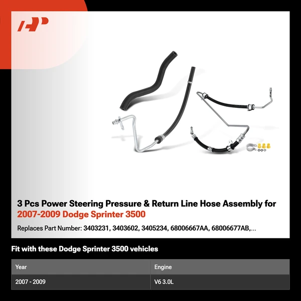3 Pcs Power Steering Pressure & Return Line Hose Assembly for 2007-2009 Dodge Sprinter 3500
