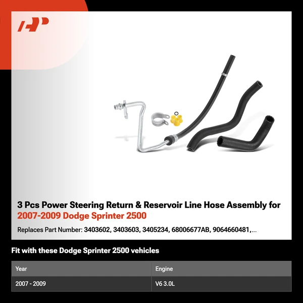 3 Pcs Power Steering Return & Reservoir Line Hose Assembly for 2007-2009 Dodge Sprinter 2500