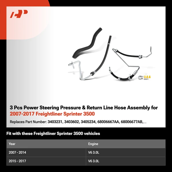 3 Pcs Power Steering Pressure & Return Line Hose Assembly for 2007-2017 Freightliner Sprinter 3500