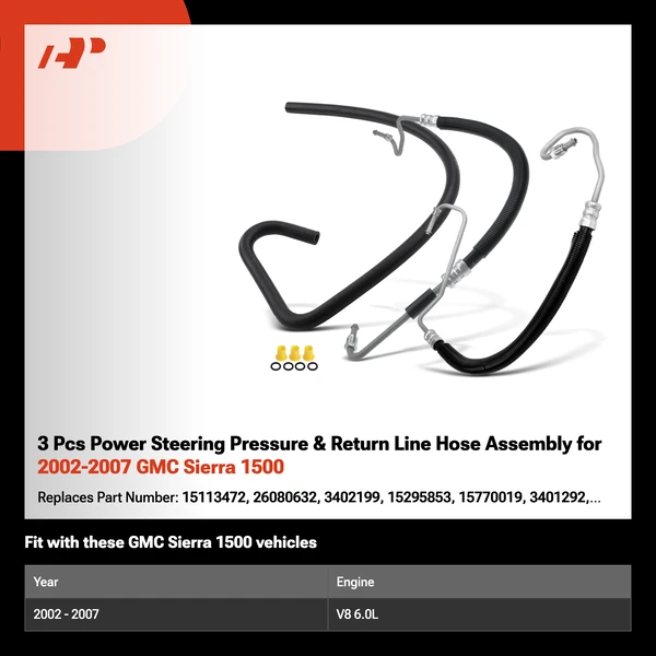 3 Pcs Power Steering Pressure & Return Line Hose Assembly for 2002-2007 GMC Sierra 1500
